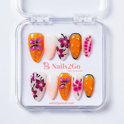 Orange Magenta Floral Almond Nails