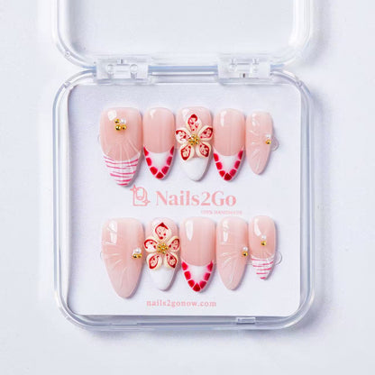 Red French Tip Gold Bead Press‑ons